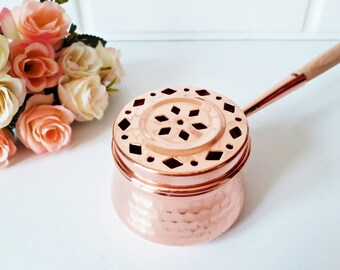 Copper Incense Holder Burner, Hand Hammered with Wooden Handle and Lid, Perfect Gift for Friend