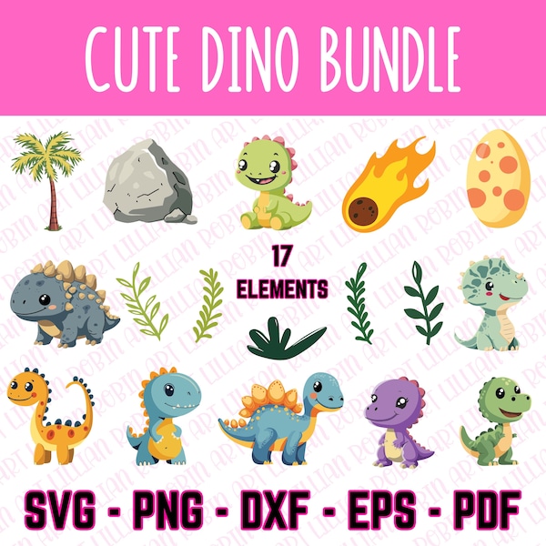 Cute Dinosaur Clip Art Bundle Kids SVG DXF EPs PNG Digital Download Sticker Cutting Machine Print-on-Demand Commercial License Art Set