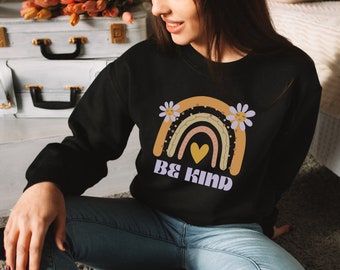 Be Kind Rainbow & Happy Flowers Unisex Heavy Blend Crewneck Sweatshirt