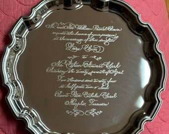 Invitation engraved on   chippendale silver plate tray personalized  popular tray engraved wedding invitation, 12"