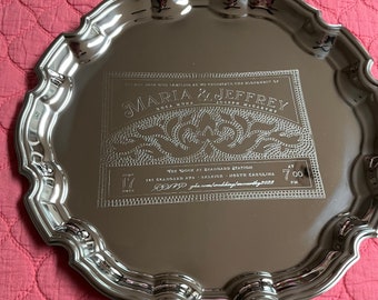 Invitation engraved on   chippendale silver plate tray personalized  popular tray engraved wedding invitation, 12"