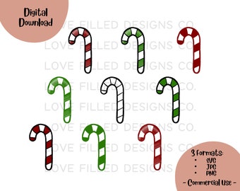 Candy Cane SVG Bundle, Christmas Clipart, Holiday Clipart Digital Downloads, Candy Cane PNG, Sublimation Designs