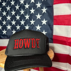 Howdy Hat – Black Mesh Trucker Cap with Red Embroidery