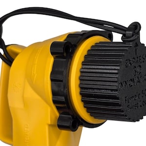 May include: A yellow and black electrical adapter with a twist lock. The adapter has a black cap with the text "EXPRESS 3D INNOVATIONS Female 50A Twist Lock". A black cord is attached to the adapter.