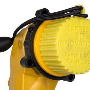 May include: A yellow and black twist lock connector with the text "EXPRESS 3D INNOVATIONS Female 50A Twist Lock". The connector has a black rubber bulb and a black cord attached to the yellow cap.