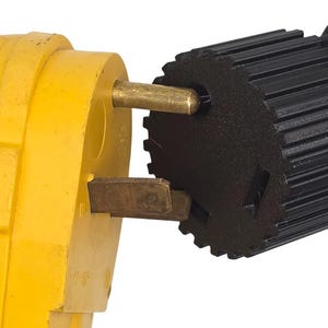 May include: A yellow 50-amp RV power plug is connected to a black adapter. The plug has a handle and three prongs. The adapter is round with a ridged surface and a black cord.