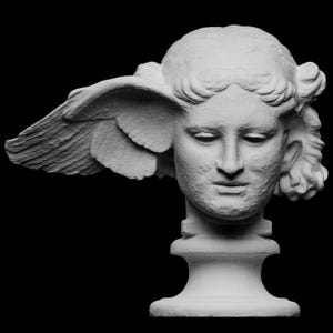 May include: A white sculpture of a classical figure's head, featuring detailed facial features and a prominent wing extending from the side. The sculpture is mounted on a pedestal, set against a black background.