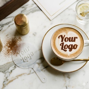 Puede incluir: Una taza de capuchino con un diseño de corazón "Your Logo", sobre un platillo blanco con borde dorado. Una cuchara dorada descansa junto a la taza. También se ve una plantilla transparente con "Your Logo" y un agitador dorado.