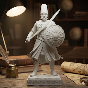 May include: A white statue of a warrior in traditional garb, holding a sword and shield. The figure has a tall hat and a prominent mustache. The statue is on a decorative base, set on a wooden desk with books and a lamp.