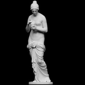 May include: A white marble statue of a woman, with her hair up, holding a small container. She is draped in fabric from the waist down. The statue is set against a black background.