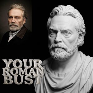 K&ouml;nnte beinhalten: Eine wei&szlig;e Marmorb&uuml;ste eines Mannes mit Bart und welligem Haar, neben einem Portr&auml;t desselben Mannes. Die B&uuml;ste ist in klassische Gew&auml;nder geh&uuml;llt. Der Text "YOUR ROMAN BUST" befindet sich am unteren Rand des Bildes.