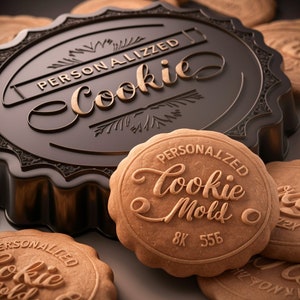 May include: A close-up of a brown cookie mold with the text "Personalized Cookie Mold" and the numbers "8K 556". The mold is surrounded by other cookies with similar designs.