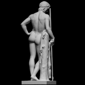 May include: A white marble statue of a nude male figure, viewed from the back, with a spear and draped cloth. The statue is set against a black background, highlighting the details of the sculpture.