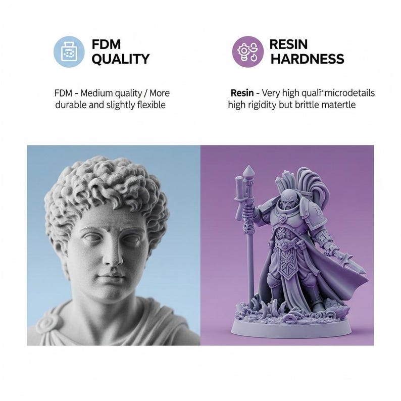 K&ouml;nnte beinhalten: Bildvergleich der FDM- und Resin-3D-Druckqualit&auml;t. Links ist eine graue B&uuml;ste zu sehen, rechts eine detaillierte Miniaturfigur. Text erkl&auml;rt die Unterschiede in Qualit&auml;t, Haltbarkeit und Flexibilit&auml;t.