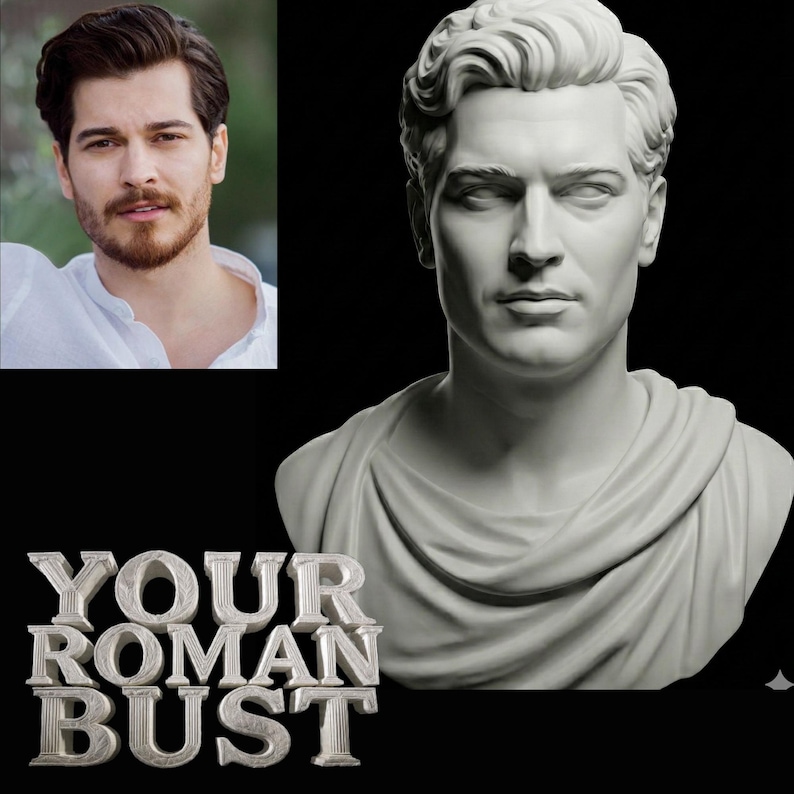 K&ouml;nnte beinhalten: Eine wei&szlig;e B&uuml;ste eines Mannes mit klassischen Z&uuml;gen, in eine Toga geh&uuml;llt. Die B&uuml;ste ist vor einem schwarzen Hintergrund platziert. Die Worte "YOUR ROMAN BUST" sind in silbernen, verzierten Buchstaben darunter dargestellt. Ein Foto eines Mannes befindet sich oben links.