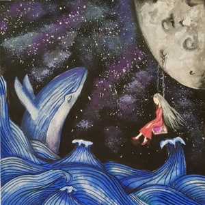 Gouache Painting with the theme of Moon and Whale,