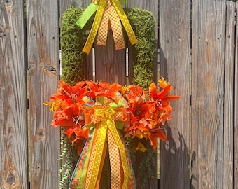 Tropical Cross Door Hanger: Lush Greenery, Orange Florals, Island Decor
