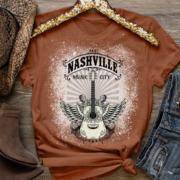 Nashville, Country Music, Guitar, Bleached Tshirt, Tees, Tennessee, Garment Dyed, Boho, Vintage, Country t-shirt