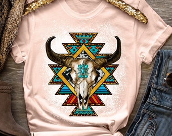 Cow Skull Shirt, Western Aztec Bull Skull Shirt, Boho Cow Skull, Cowgirl Shirt, Rodeo T-shirt, Country Shirt, country music t-shirt,