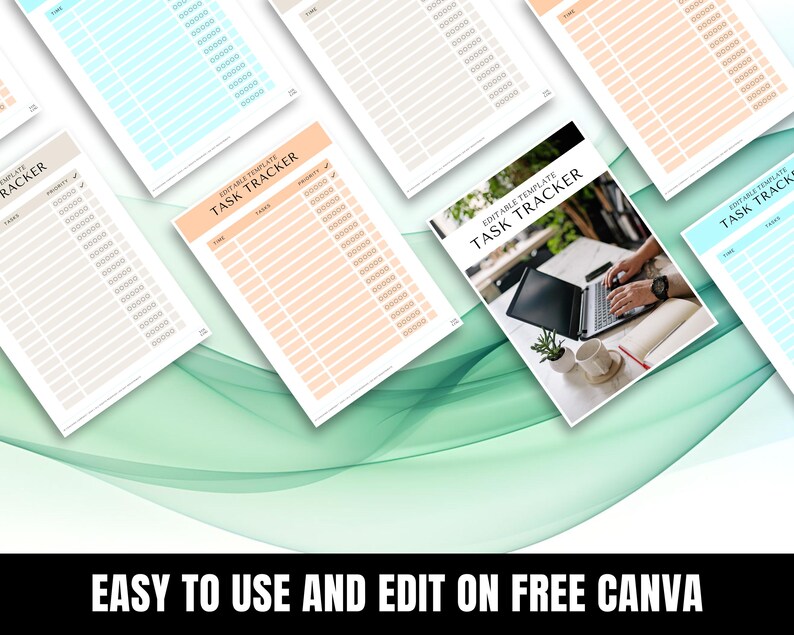 a collection of task tracking worksheets and a book titled "Task Tracker" with a person working on a laptop. The text "EASY TO USE AND EDIT ON FREE CANVA" is displayed at the bottom of the image.