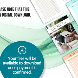 The image is a collage of various documents and images related to a task tracker, including a book cover, a list of tasks, and a list of files. The text in the image indicates that the documents are a digital download and that the user's files will be available to download once payment is confirmed.