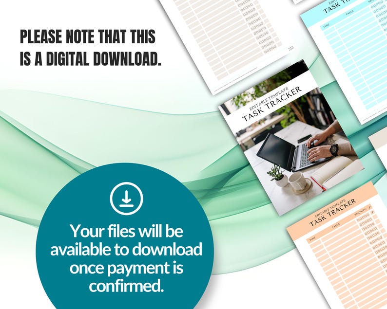 The image is a collage of various documents and images related to a task tracker, including a book cover, a list of tasks, and a list of files. The text in the image indicates that the documents are a digital download and that the user's files will be available to download once payment is confirmed.