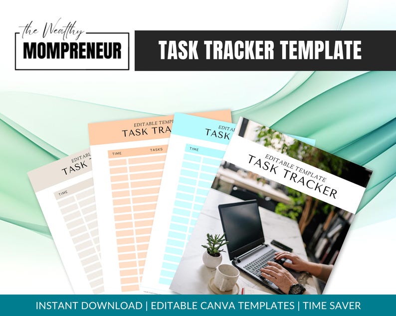 The image is a collage of four different task tracker templates, including a printed version and a digital version, with a laptop and a plant in the background.