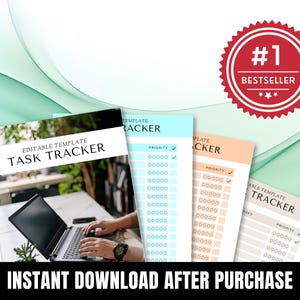 The image is an advertisement for a task tracking app, featuring a person working on a laptop and various task lists displayed on the app.