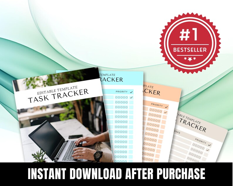 The image is an advertisement for a task tracking app, featuring a person working on a laptop and various task lists displayed on the app.