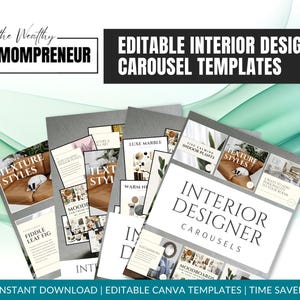 May include: A stack of gray and white interior design carousel templates. The templates feature text such as "Texture Styles", "Fiddle Leaf Fig", and "Interior Designer Carousels". The image also includes the text "Instant Download | Editable Canva Templates | Time Saver".