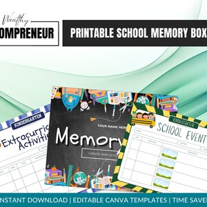 May include: Printable school memory box kit with three colorful pages. The pages include sections for extracurricular activities, memory, and school events. The kit is designed for kindergarten and includes the text "Instant Download | Editable Canva Templates | Time Saver."