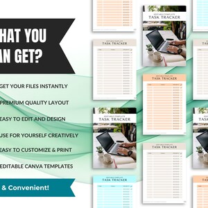 The image is a collage of various images related to a task tracker, including a person working on a laptop, a laptop, and a plant. The collage is titled "WHAT YOU CAN GET?" and features a list of benefits for using the task tracker, such as instant access to files, a customizable design, and easy editing and printing.