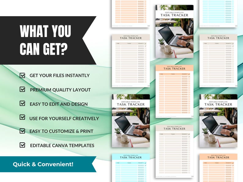 The image is a collage of various images related to a task tracker, including a person working on a laptop, a laptop, and a plant. The collage is titled "WHAT YOU CAN GET?" and features a list of benefits for using the task tracker, such as instant access to files, a customizable design, and easy editing and printing.