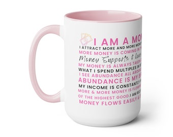 Taza de afirmación de dinero, 15 oz, taza espiritual, regalo espiritual, místico moderno, amante del cristal, piedra preciosa G