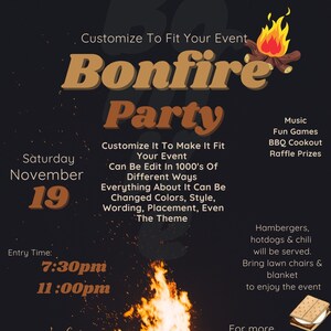 May include: A dark background poster promoting a bonfire party. The poster features the words "Bonfire Party" in large, stylized text, along with event details, including the date, time, and activities. A bonfire illustration is at the bottom.