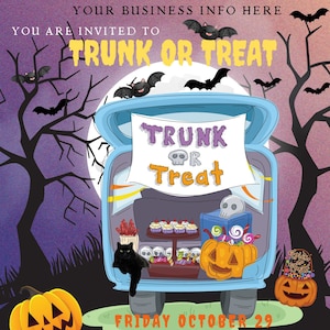 Modello di volantino/invito/post sui social media personalizzabile Trunk Or Treat. Tutto ciò di cui hai bisogno per personalizzare è incluso