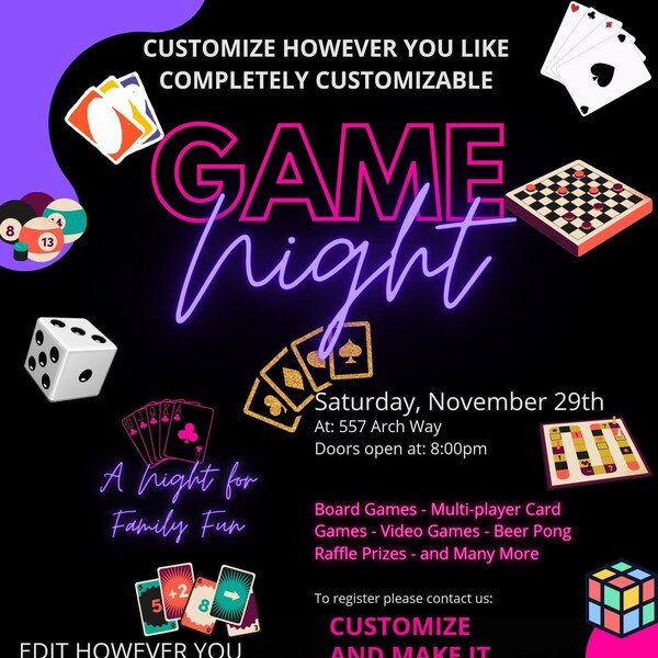 Game Night Flyer / Invitation / Social Media Post Template. 100% Editable. You Can Customize It In 1000's Of Different Ways.