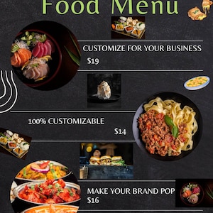 May include: A food menu design with the text "Your Business Infi Here Food Menu". The menu features images of various dishes, including sushi, pasta, and burgers. The design includes the text "Customize for your business", "100% Customizable", and "Make your brand pop".