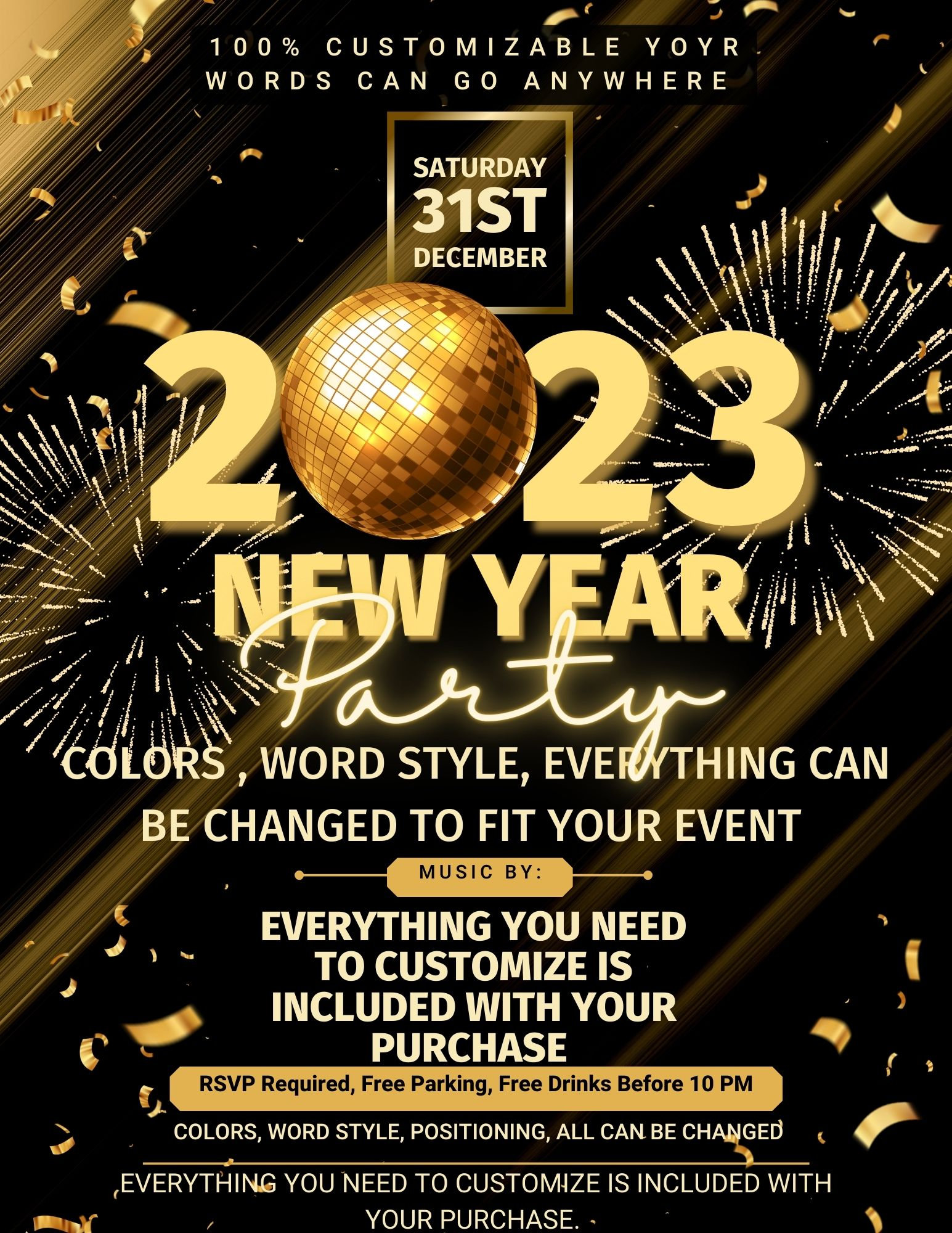 New Year's Eve Party Flyer/animated Social Media Post Template. 100%  Customizable Colors, Wording, Icons, Positioning All Can Be Changed 
