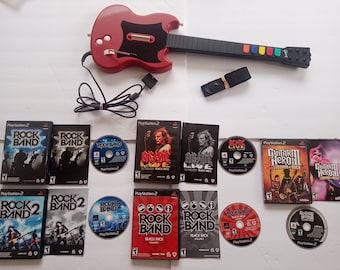Vintage Rock Band 1, 2 , AC/DC, Track Pack 1, Guitar Hero 3 Legends of Rock PS2 Playstation 2 Bundle Red Octane Guitar Hero Bundle