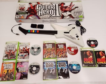 Guitar Hero II Xplorer X-Plorer Rock Band Controller Bundle Lot Dongle Xbox 360 Rock Music 5 Video Games with Original Box