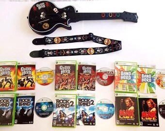 Gibson Les paul Controller XBox 360 Guitar Hero Bundle with Strap 6 Games Band Hero, Aerosmith, Rockband 1 Motley Crue