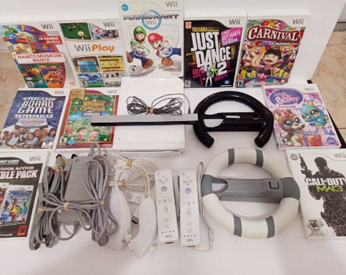 Nintendo Wii Console Mario Kart Bundle With 10 Wii Games and 2