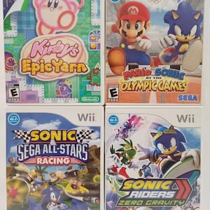 Puede incluir: Cuatro cajas de juegos de video para Nintendo Wii. Los juegos son Kirby's Epic Yarn, Mario & Sonic en los Juegos Olímpicos, Sonic & Sega All-Stars Racing y Sonic Riders: Zero Gravity.