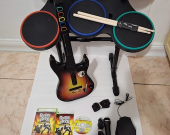 Xbox 360 Guitar Hero World Tour Drum Kit Guitar Mic Complete Band BUNDLE Drums Tested