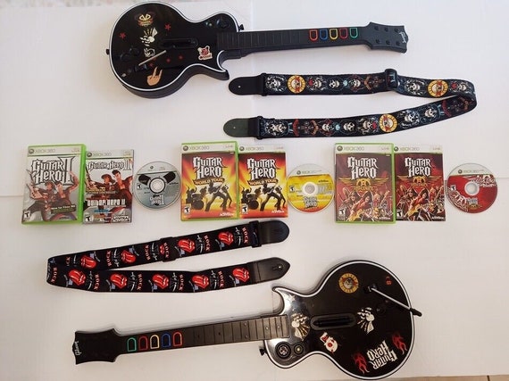2 Gibson Les Paul Controller Xbox 360 Guitar Hero Bundle With Strap 4 Games  Band Hero, Aerosmith, Rockband 1 Motley Crue - Etsy