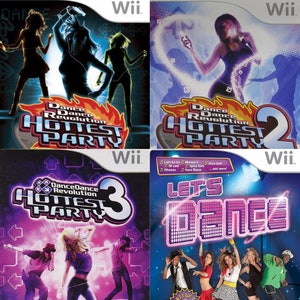 May include: Four Wii video game covers. The games are "Dance Dance Revolution Hottest Party", "Dance Dance Revolution Hottest Party 2", "Dance Dance Revolution Hottest Party 3", and "Let's Dance". Each cover features dancers and vibrant graphics.