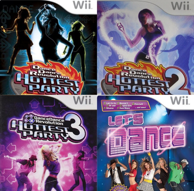 May include: Four Wii video game covers. The games are "Dance Dance Revolution Hottest Party", "Dance Dance Revolution Hottest Party 2", "Dance Dance Revolution Hottest Party 3", and "Let's Dance". Each cover features dancers and vibrant graphics.