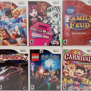 May include: A collection of ten Wii video game cartridges, including titles like "Wipeout The Game", "Monster High Ghoul Spirit", "Family Feud 2010 Edition", "Need for Speed Carbon", "Lego Harry Potter Years 1-4", and "Carnival Games".