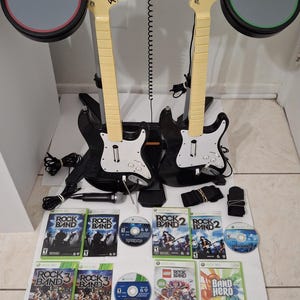 Xbox 360 Rock Band 1, 2, 3, Mic, Drum Set, 2 Guitars, 7 Games Bundle Set, TESTED